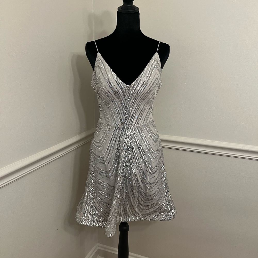 B Darlin Silver Sequin V-Neck Spaghetti Strap Mini Dress